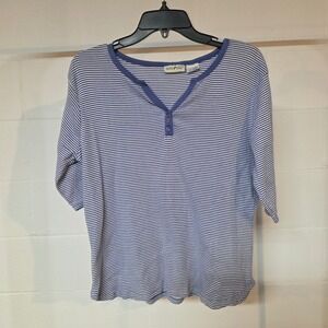 White Stag Womens Medium Periwinkle Blue Striped Henley Top Elbow Sleeve Cotton